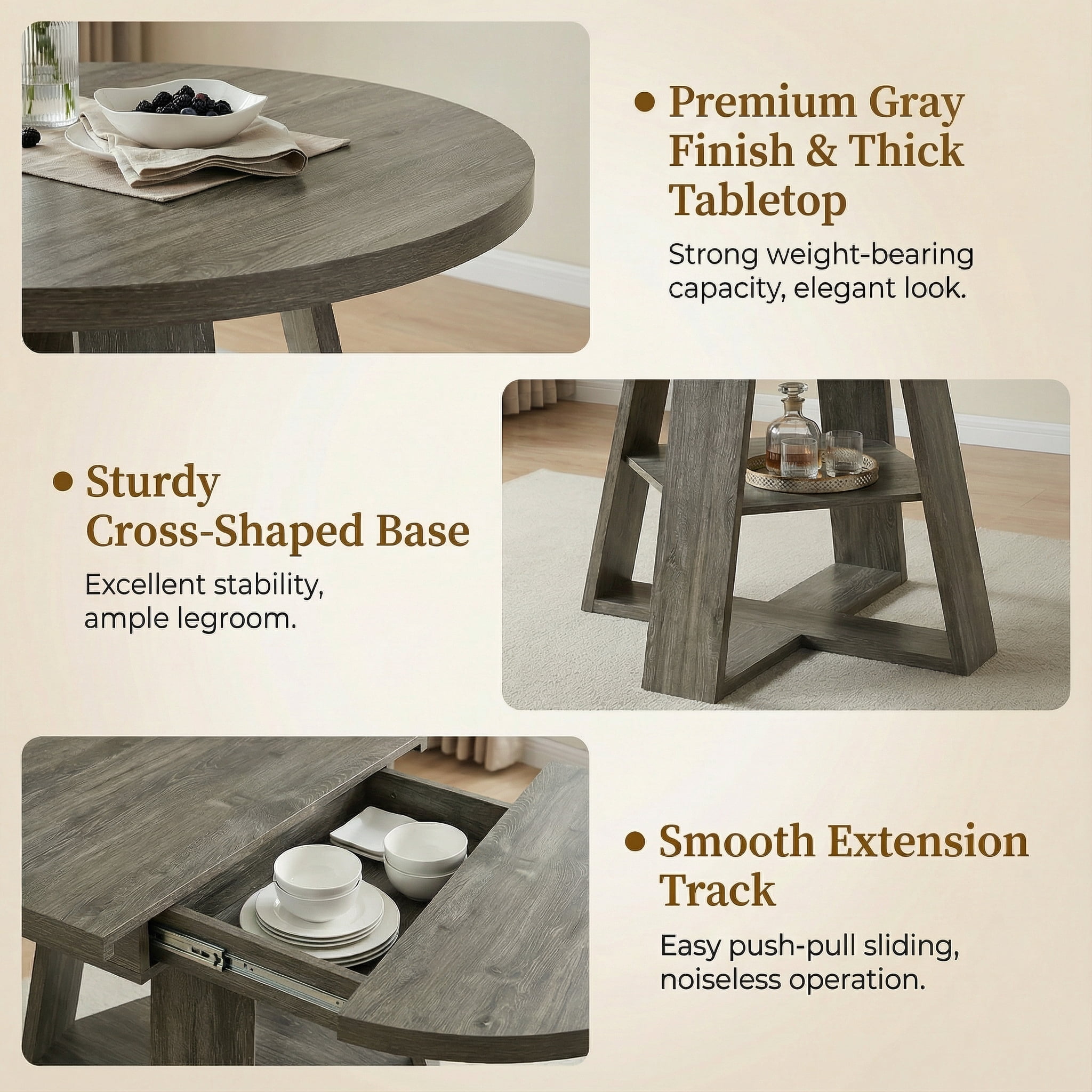 Extendable Dining Table for 2-8, Round to Oval Kitchen Table with Storage Shelf, Thick MDF, Cross-Shaped Base, 43.3 to 59-Inch Length, 300 Lbs Capacity, for Dining Room Kitchen Living Room, Natural