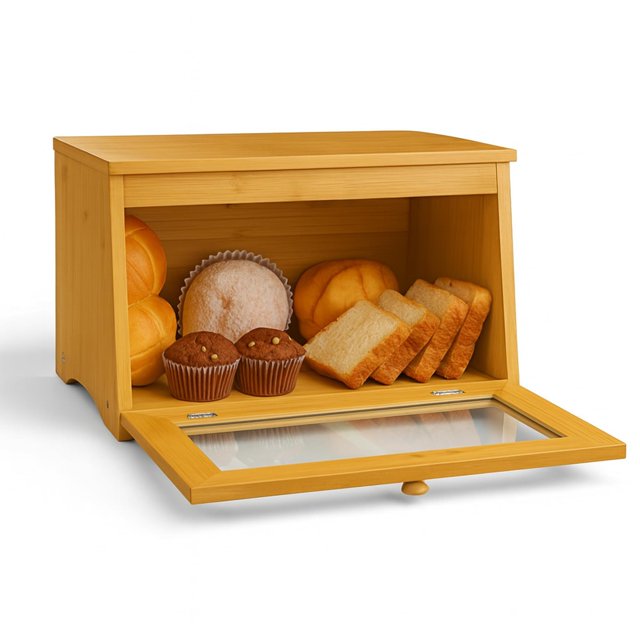 Panera Bamboo 28 * 38 * 21 cm, Panera de Gran Capacidad, Panara para Pan, Panera de Bambú, Caja de Almacenamiento para Cocina, Pan, Caja de Madera para Pan con Ventana Transparente