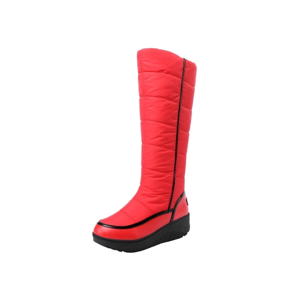 Xfvqtps Womens Knee High Boots Large Size Thick Soles Wide Calf Waterproof Non Slip Winter Down Boots Fall Cotton Color Matching Snow High Top Boots Red