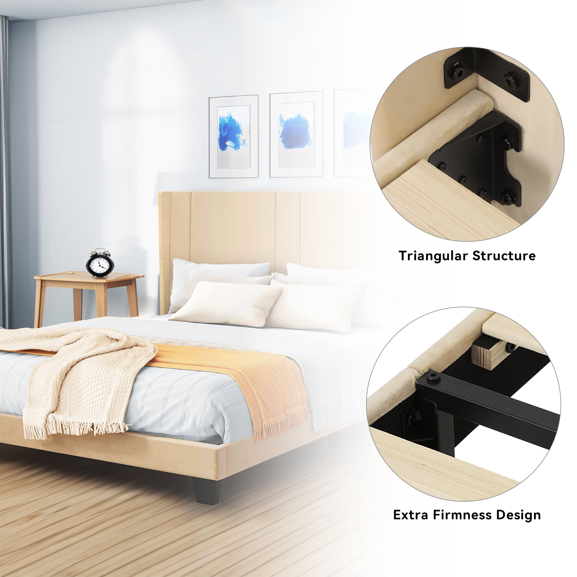 Uforic Queen Size Upholstered Bed Frame with Beige Velvet Headboard and Wingback, Strong Wood Slats Support Mattress Foundation, No Box Spring Needed, Perfect for Adult, Beige