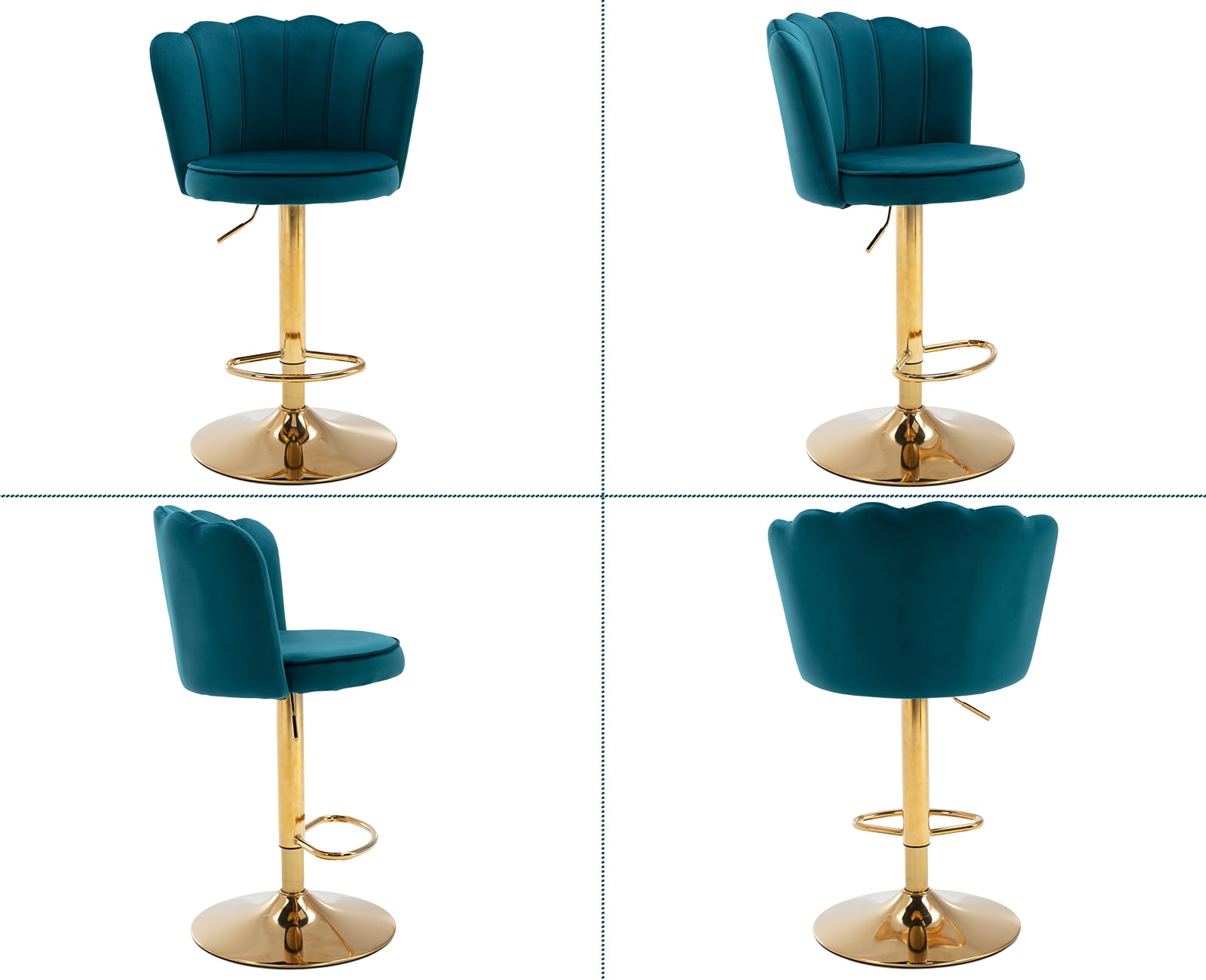 Guyou Swivel Adjustable Bar Stools Set of 2, Velvet Counter Height Barstools with Petal Back and Gold Footrest, Modern Counter Bar Height Stool Chairs for Kitchen Island Bar Cafe, Teal