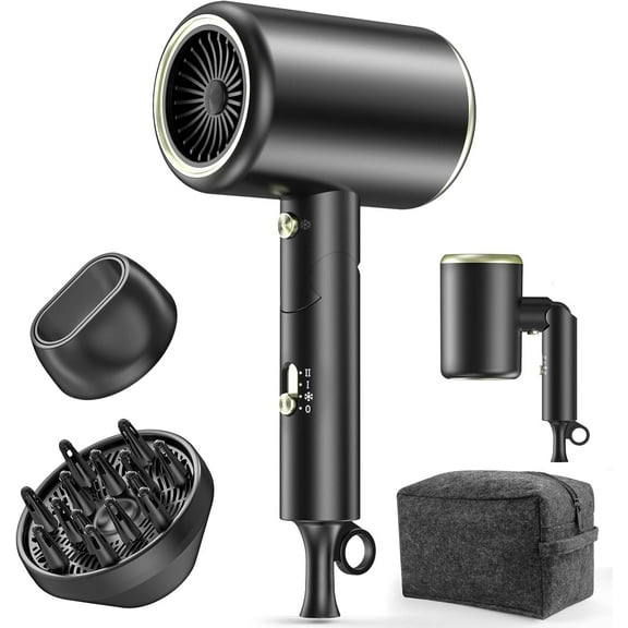 Hair Dryer, 150000RPM Ionic Blow Dryer - Fast Drying, Low Noise, Foldable Portable with Diffuser and Nozzle, Compact Mini for Women and Men, Home and Travel (Black)