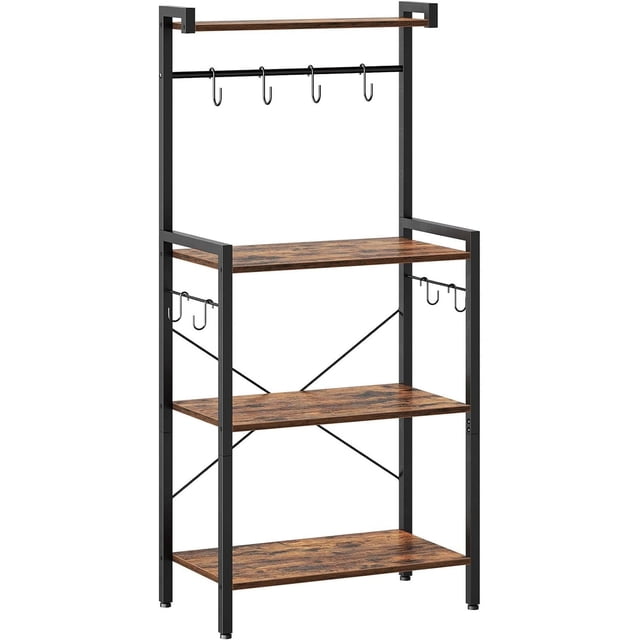 Bakers Rack for Kitchen, 4 Tier Microwave Stand with Storage, Multifunctional Baker's Rack with 8 Hooks, Wooden Kitchen Storage Shelf, Stable Metal Frame, Easy Assembly, Rustic Brown BF04HB01