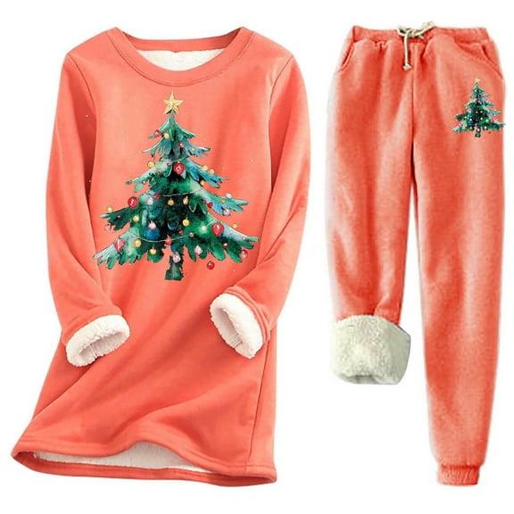 Mifsaly Sweat Suits for Womens 2 Piece Christmas Tree Print Fleece Lined Workout Sets Xmas Thicken Warm Lounge Outdoor Matching Outfits Sherpa Pullover Sweatshirt & Thermal Joggers with Pockets
