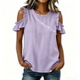 thumbnail image 3 of VBVC Women's Cotton Blend Cold Shoulder Blouse, Ladies' Crew Neck Ruffle Sleeve Top, Casual Button Detail Shirt For Women,Purple,S-2XL, 3 of 7
