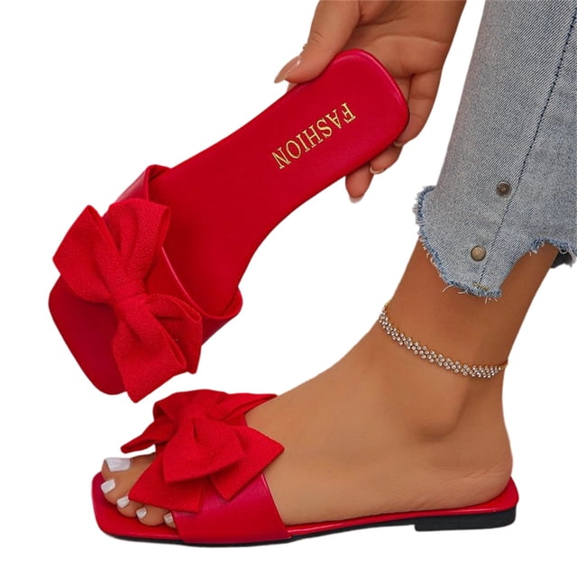 HTHLVMD Sandales à Enfiler d'Été avec Nœud, Jolies Sandales Plates à Bout Ouvert pour Femmes, Sandales Plates à Nœud pour Femmes à Bout Carré Ouvert à Bride Unique Élégantes à Enfiler, Rouge 7.5