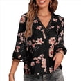 thumbnail image 3 of Camiseta de Verano para Mujer, Elegante, Informal, con Mangas 3/4, Cuello en V, Estilo Étnico Bohemio y Estampado Acampanado. Negro L, 3 of 10