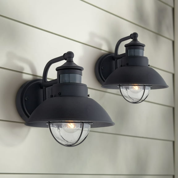 John Timberland Rustic Industrial Farmhouse Outdoor Barn Light Fixtures Set of 2 Black Dusk to Dawn Motion Sensor 9" Clear Seedy Glass for Exterior