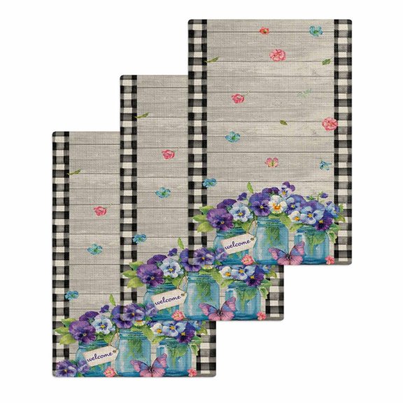 Hello Spring Kitchen Dish Towels for Drying Dishes Set of 3, Pastoral Purple Bottle Floral Wooden Plaid Waffle Weave Microfiber Hand Tea Bathroom Towels Quick Dry & Absorbent Towel 15.7x23.6