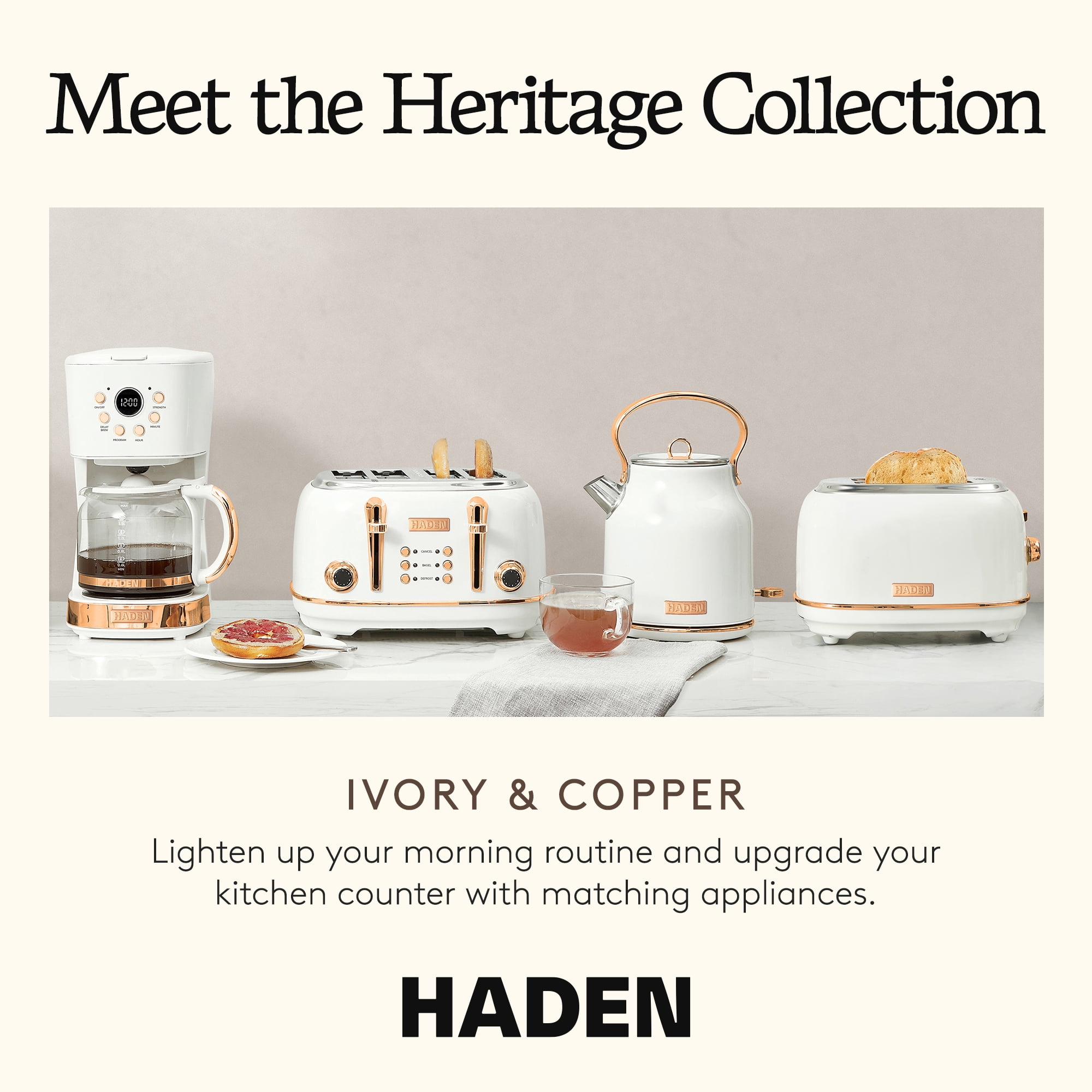 Haden Heritage 2 Slice Wide Slot Stainless Steel Toaster, Ivory & Copper