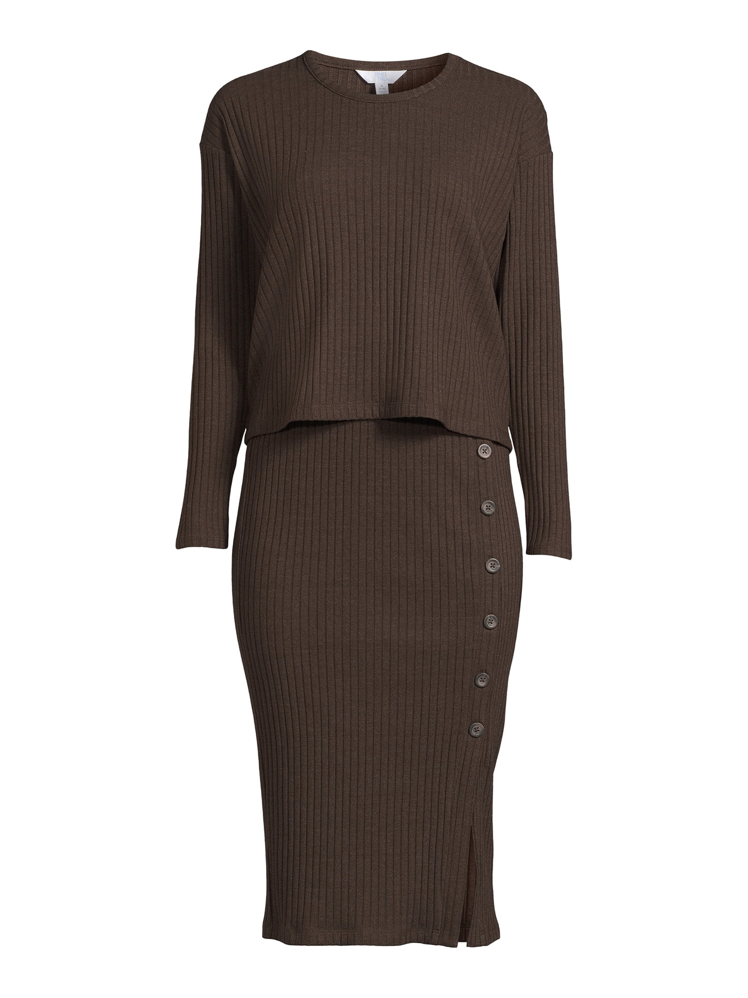 Time and Tru Women's Rib Knit Long Sleeve Top and Midi Skirt Set