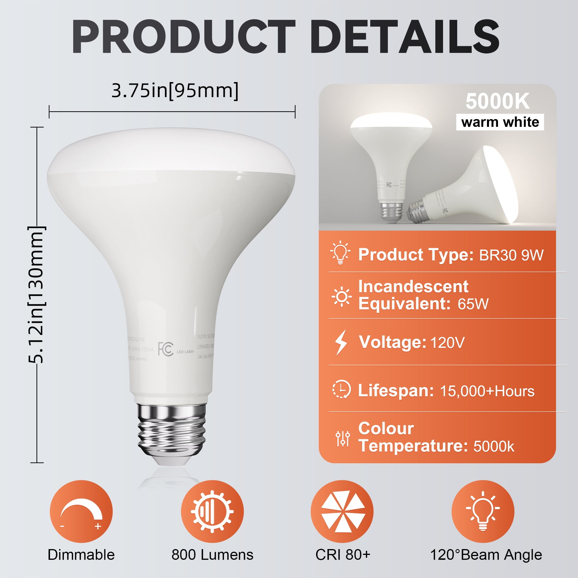 DAYBETTER 12 Pack BR30 Led Bulb 65W Equivalent, Dimmable Flood Light Bulbs Indoor, E26 Base, 5000K Daylight, 9W, 800 LM, Recessed Lighting Bulbs for Ceiling, Recessed Can, Living Room and Kitchen