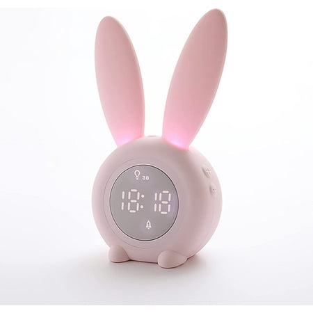KDtech Kids Alarm Clock with Night Light 6 Ringtones, Cute Pink Bunny Digital Alarm Clock for Kids, Touch Control and Rechargeable Sleep Trainer Clock for Boys Girls Bedroom