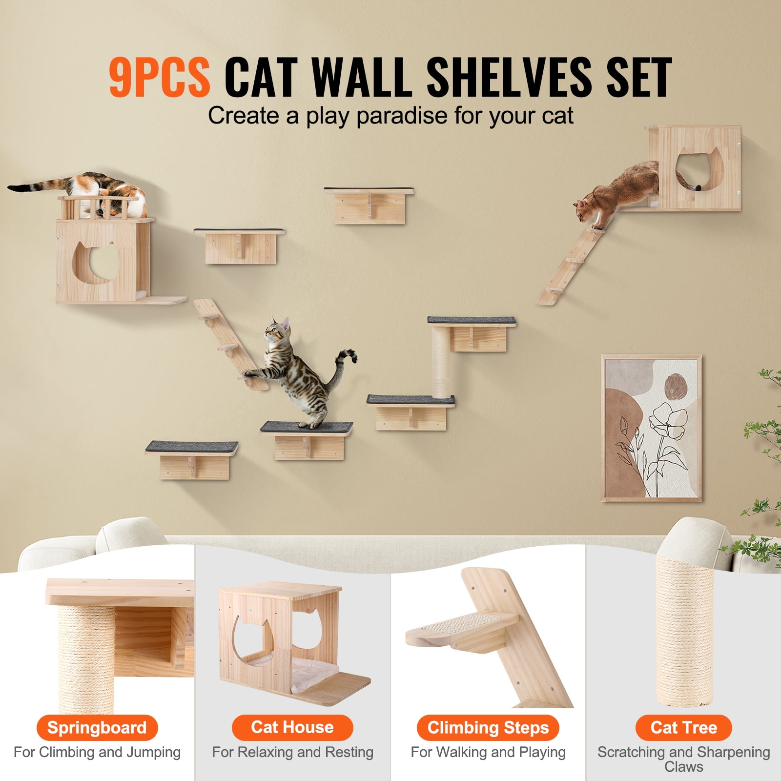 KFFKFF Cat Wall Mounts, Wall Perches and Leaping Platforms, Feline Beds, Loungers & Cat Tower, Cat Play and Rest Furniture, Supports up to 40 lbs for Resting, Frolicking, Ascending, 9-Piece Set