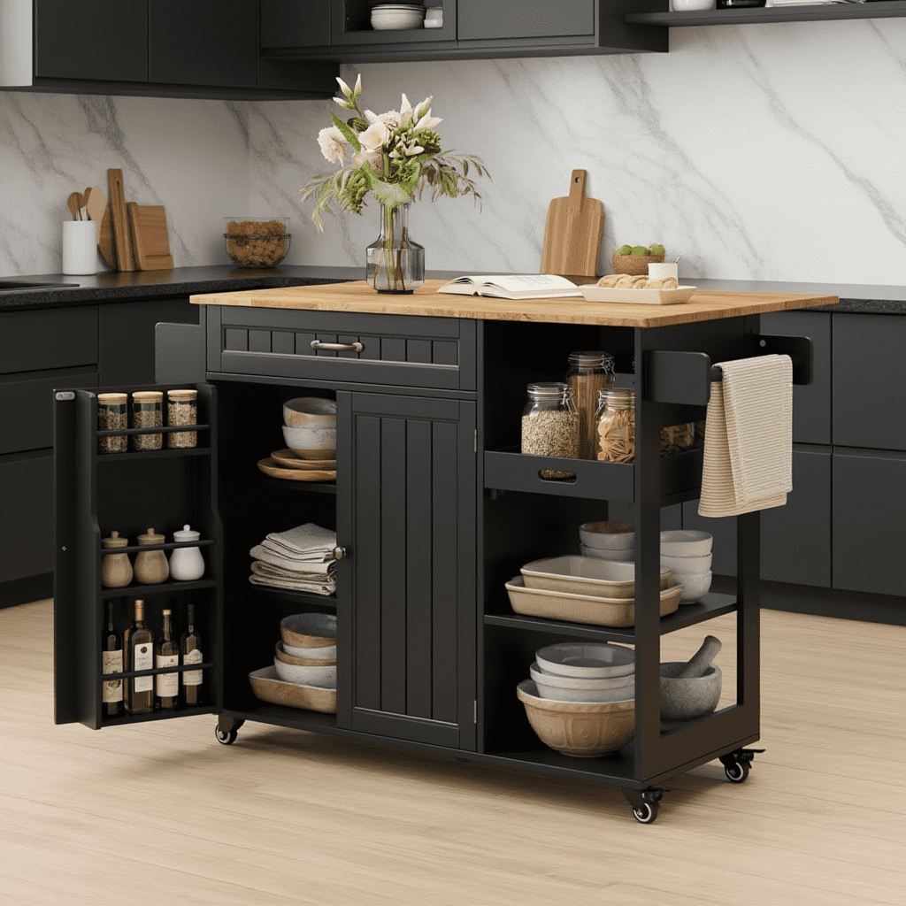 Aiho Rolling Island Table with Storage, 41.2" W Kitchen Island on Wheels with Drop Leaf & Spice/Towel Rack & Adjustable Shelf, Perfect for Kitchen, Living Room, Black