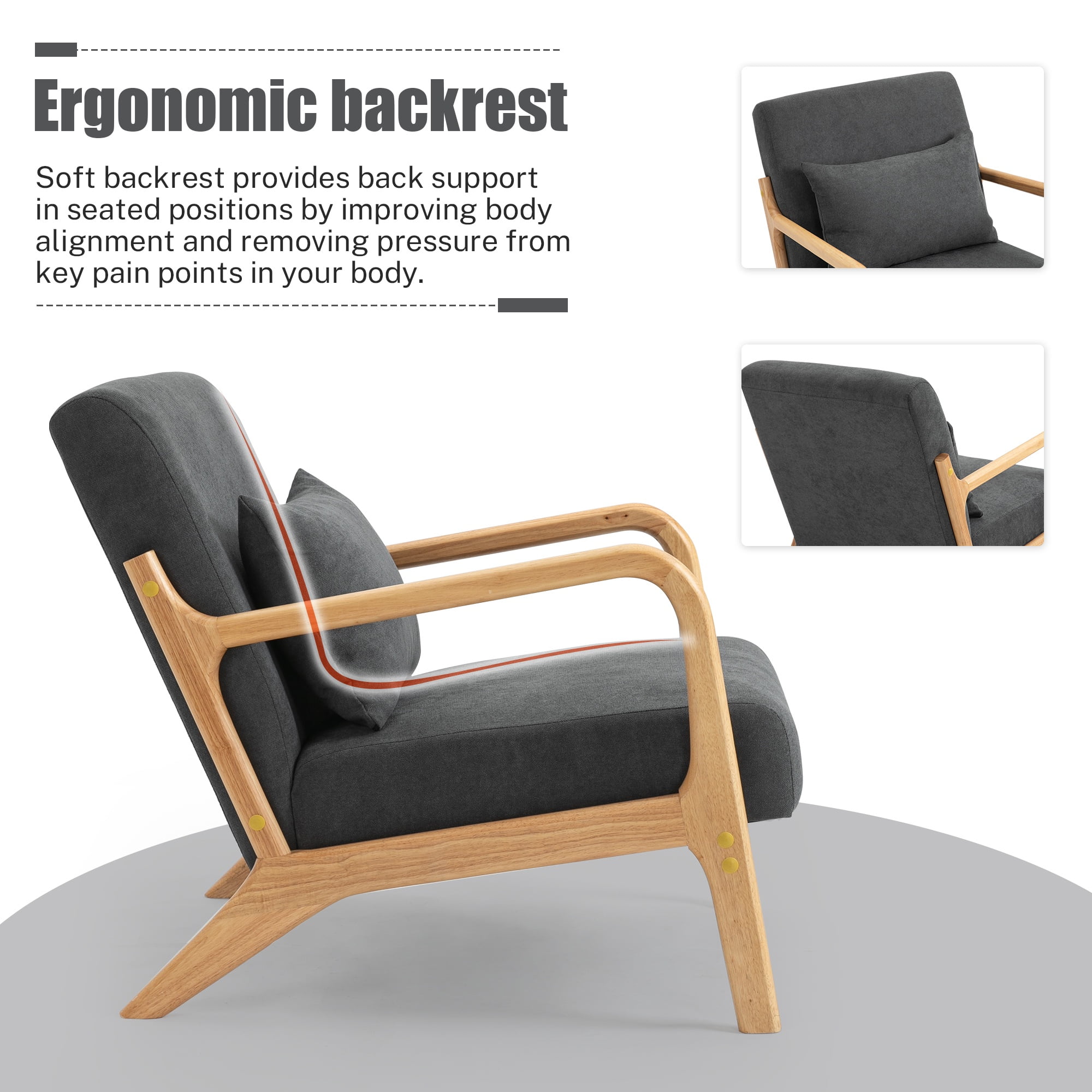 PAPROOS Mid-Century Modern Accent Chair, Velvet Fabric Arm Chair with Wood Frame and Pillow, Upholstered Armchair Comfort Reading Chair Lounge Chair for Living Room Bedroom Sunroom, Gray