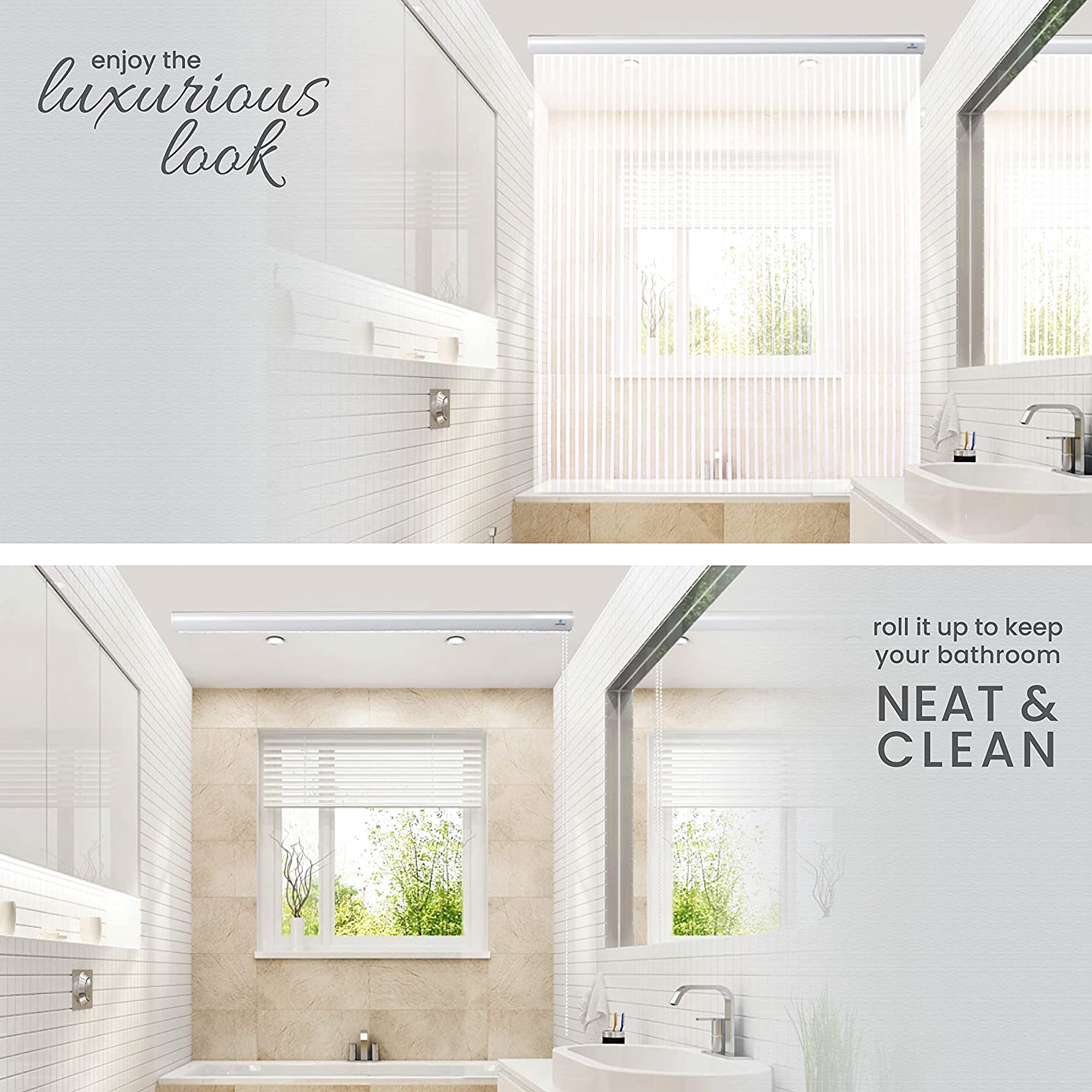 Jakooz Waterproof Rollup Bathroom Curtain Heavy Duty Shower Curtain for Bathtubs, White Stripe