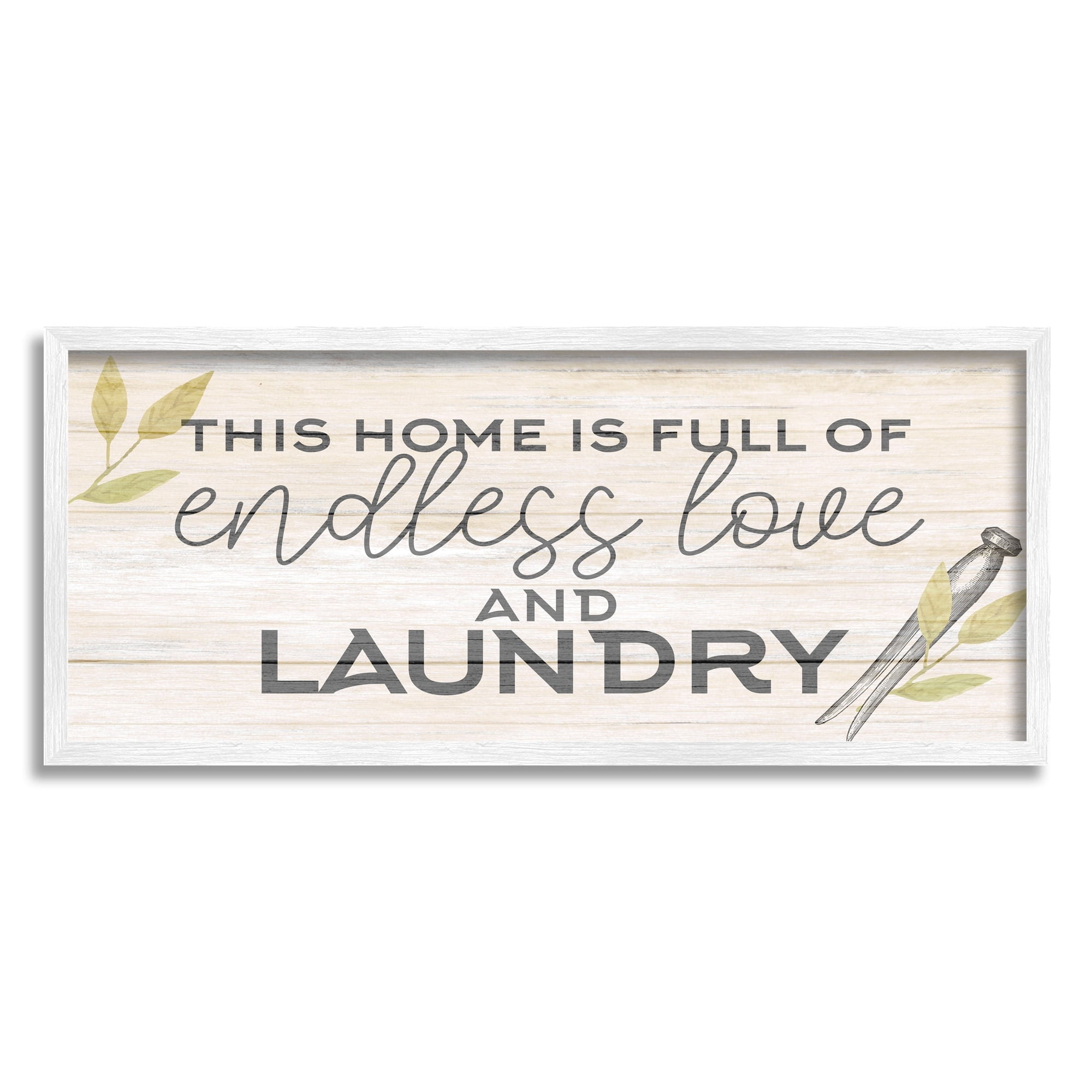 Stupell Industries Rustic Home Laundry Clothespin Sign Botanical Motif Framed Wall Art, 30 x 13, Design by Kim Allen