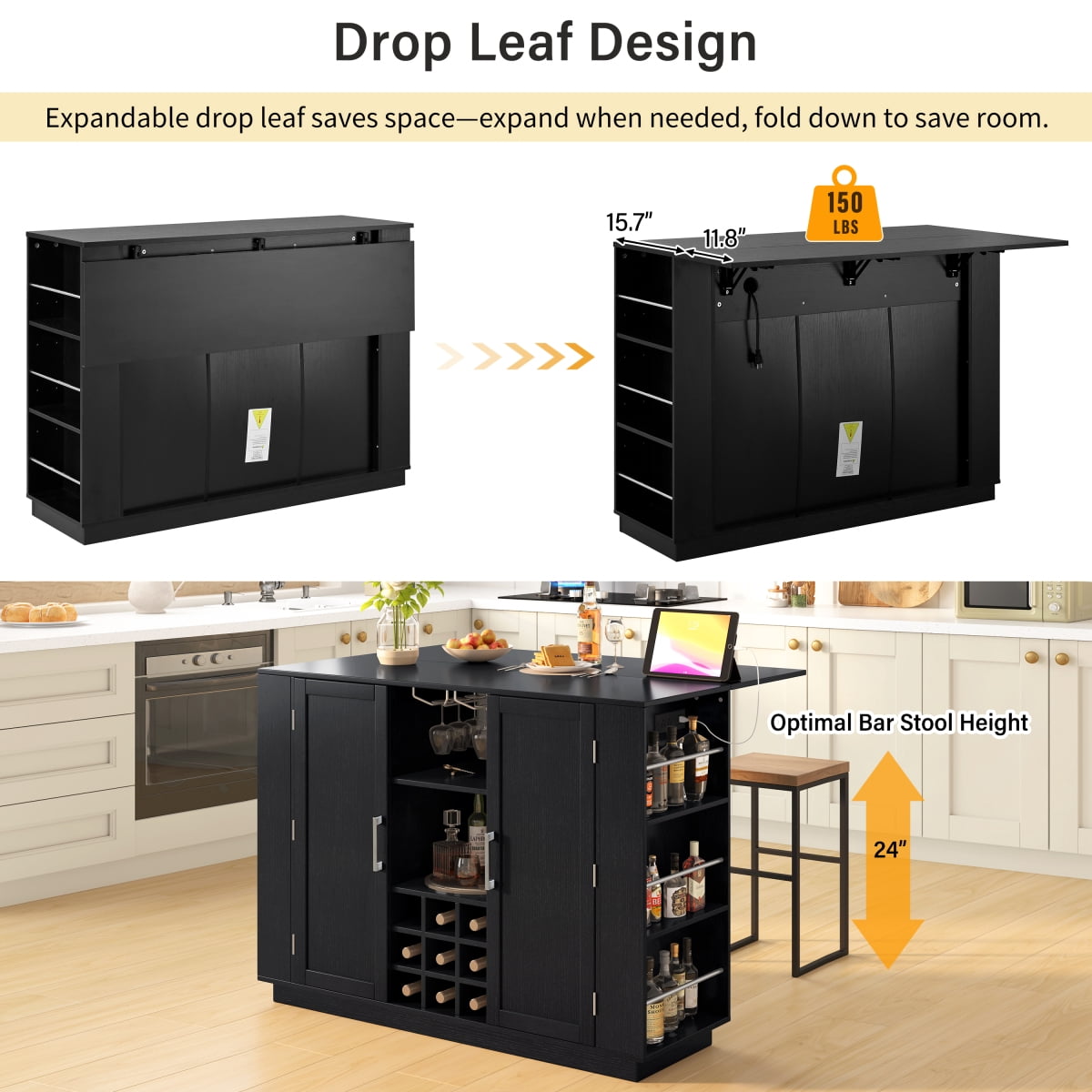 47.2 Kitchen Island with Drop Leaf Power Outlet Wine Bar Cabinet Coffee Bar Buffet Sideboard Black