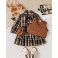 thumbnail image 2 of Kucnuzki 4T Toddler Girl Outfit Set 5T Kid Child Skirt Set Long Sleeves Plaid A-line Dress Bowknt Tie One-piece Dresses Knitted Tank Top with Bag 3pcs Sweet Clothing Brown, 2 of 10