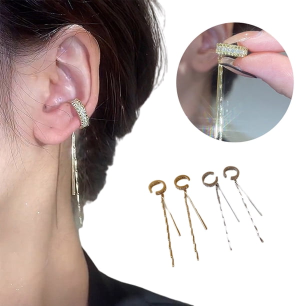 Fiudx Ofertas Flash Del Día Sin Agujeros Para Las orejas Puede Beno Agujeros Para Las orejas Micro-Set Cadena De Circón Clip Largo Para La oreja Temperamento De Moda Pendientes De Viento De Metal Par