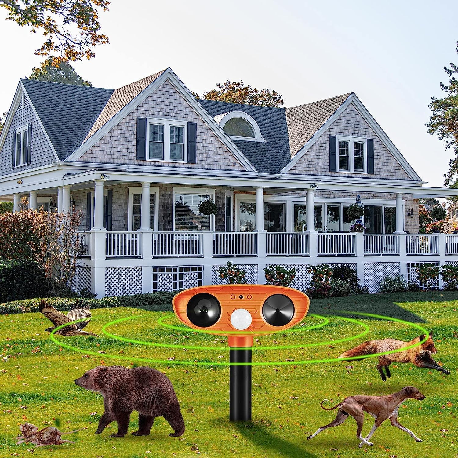 KingFurt 2-Pack Orange Solar Ultrasonic Animal Repeller Repellent for Cat Squirrel Raccoon Deer Mouse Fox