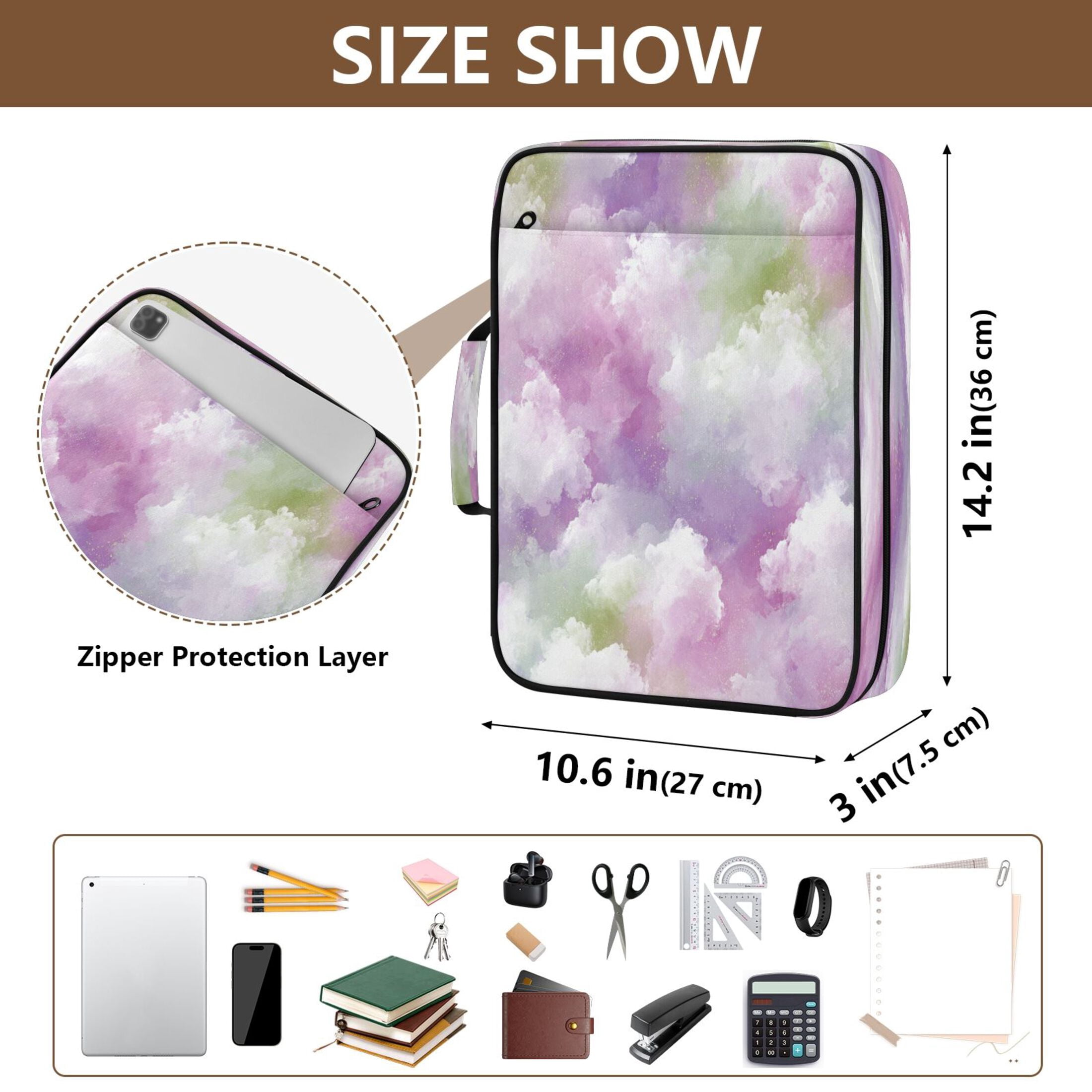 3 Ring Zipper Binder with Accordion File Organizer Waterproof Back to College Binder - 7 Layer Document Organizer for Study Home Office College Travel Supplies Soft Cloud Glimmer