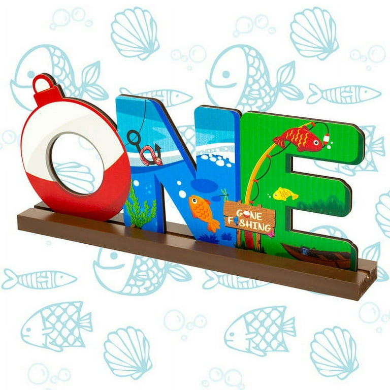 Haooryx Fishing One Letter Sign Table Wooden Centerpiece for One Year Old Baby Boys Girls Birthday Party Decorations, Summer Fishing Theme Party
