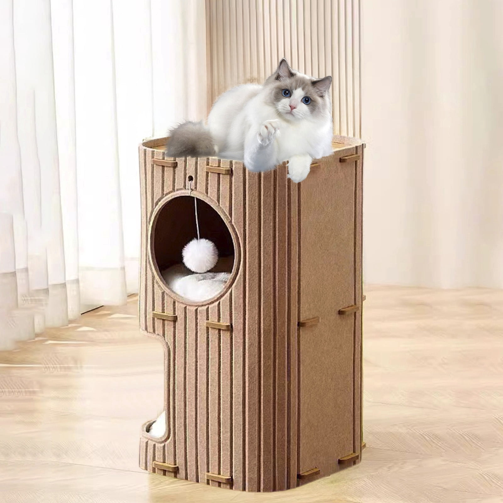2-Story Felt Cat House With Washable Mats,Indoor Cat Bed Cave For Multiple Pets,14.57x14.57x23.62 Inch Cozy Hideaway With Tunnel,Detachable Design For Easy Cleaning,Brown And Green