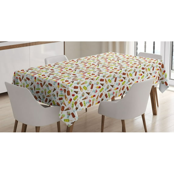 Ice Cream Tablecloth, Frozen Desserts in Wafer Cone Glazed Eskimo with Whipped Cream Chocolate Sundae, Rectangle Satin Table Cover for Dining Room and Kitchen, 52" X 70", Multicolor, by Ambesonne