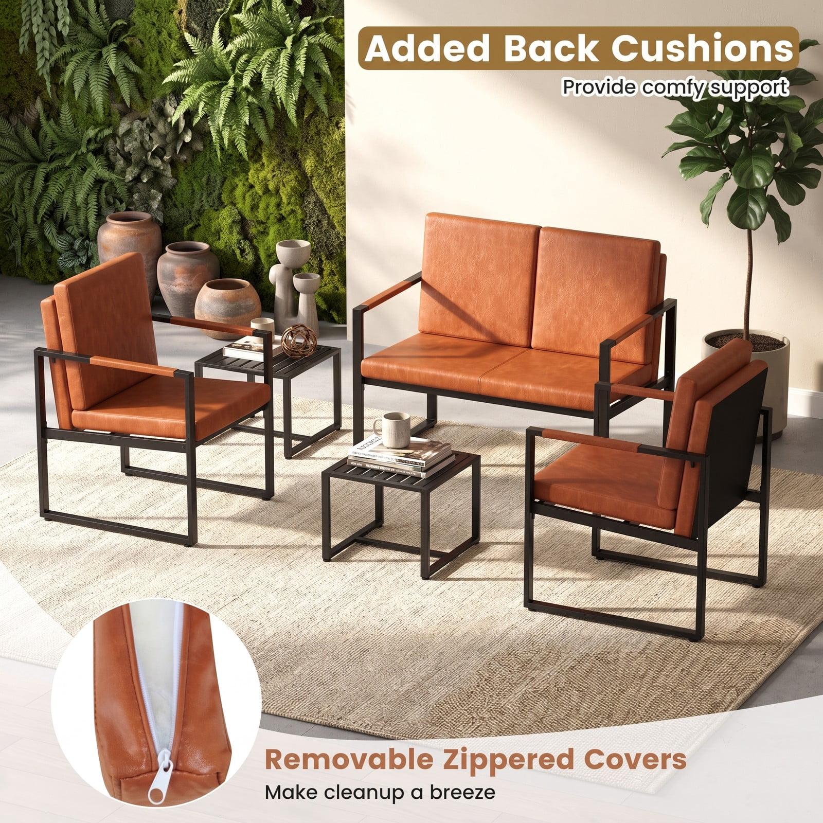 Furnibear Set of 2 Mid Century Modern Accent Chairs, PU Leather Single Sofa Armchair with Back Cushion, Metal Frame Living Room Reading Lounge Side Chair, 265, Brown