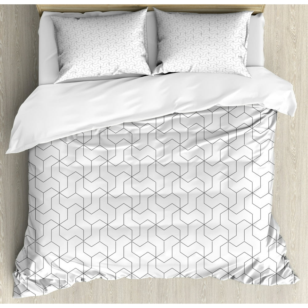 Black and White Queen Size Duvet Cover Set, Geometric Arrangement with ...