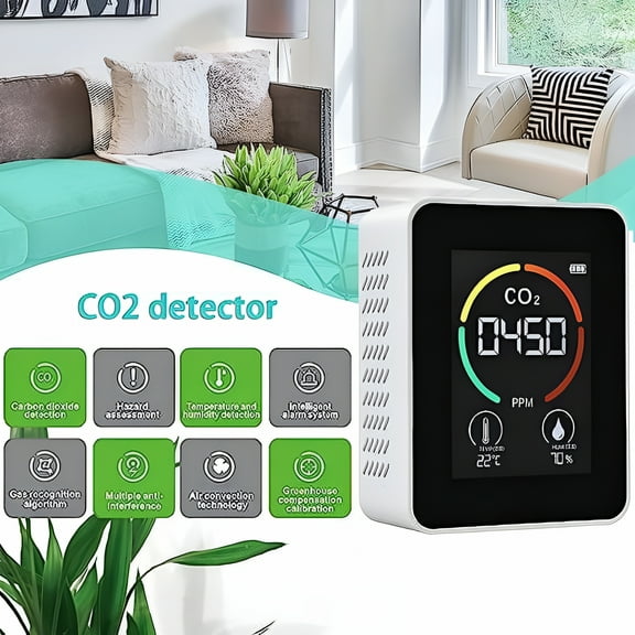 GJX CO2 Detector NDIR, 3-in-1 White Infrared Sensor CO2 Monitor Indoor Temperature and Humidity Tester, Air Quality Monitor for Desktop Home Car Office Room