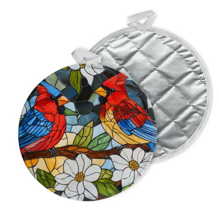 

2 PCS Pot Holders for Kitchen Potholders Sets with Hook for Oven Cooking Baking Stained Glass-Style Artwork Depicting Birds On Tree Branch