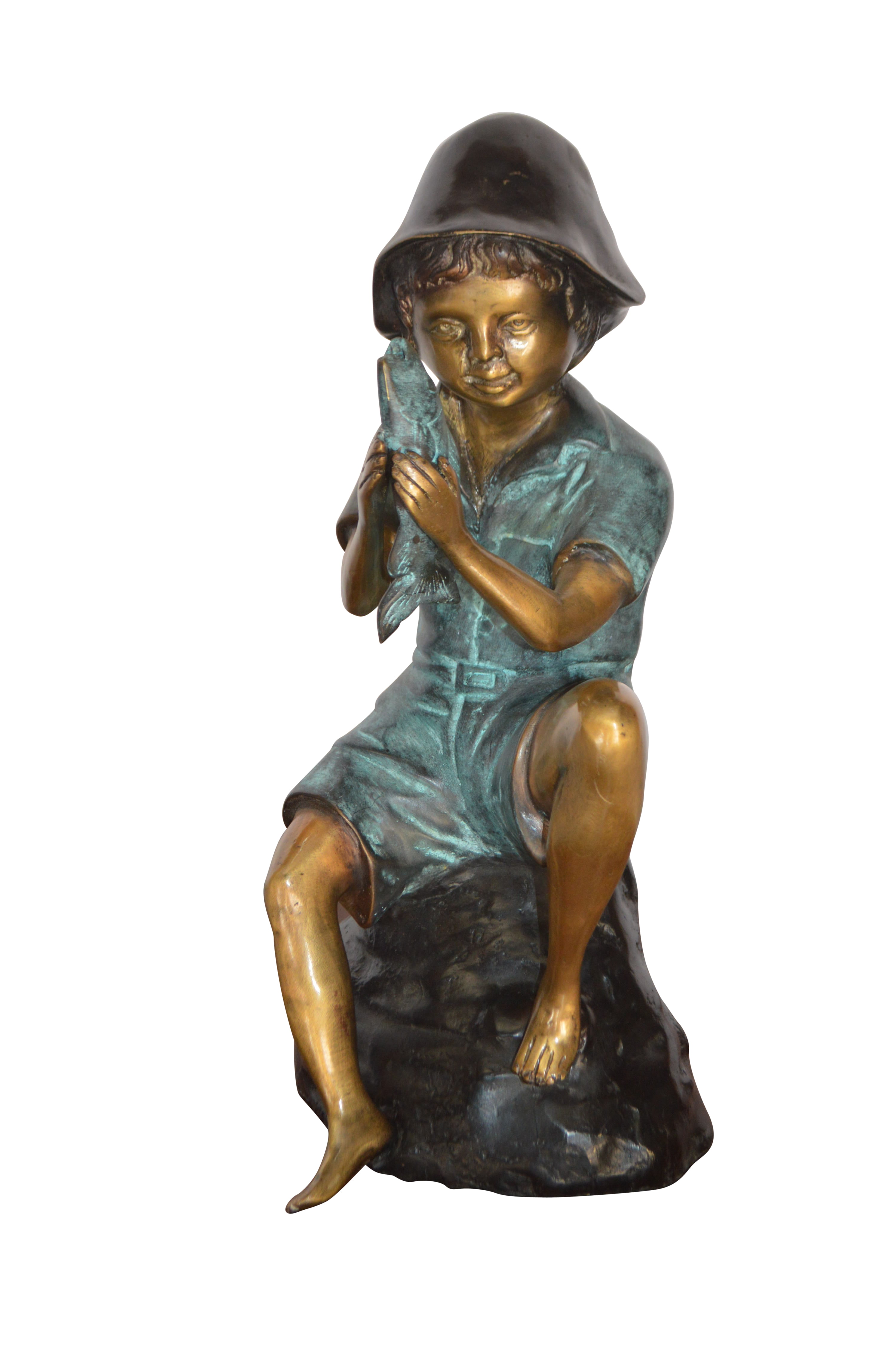 Bronze Fountain Boy w/ Fish Garden Art & Pump 