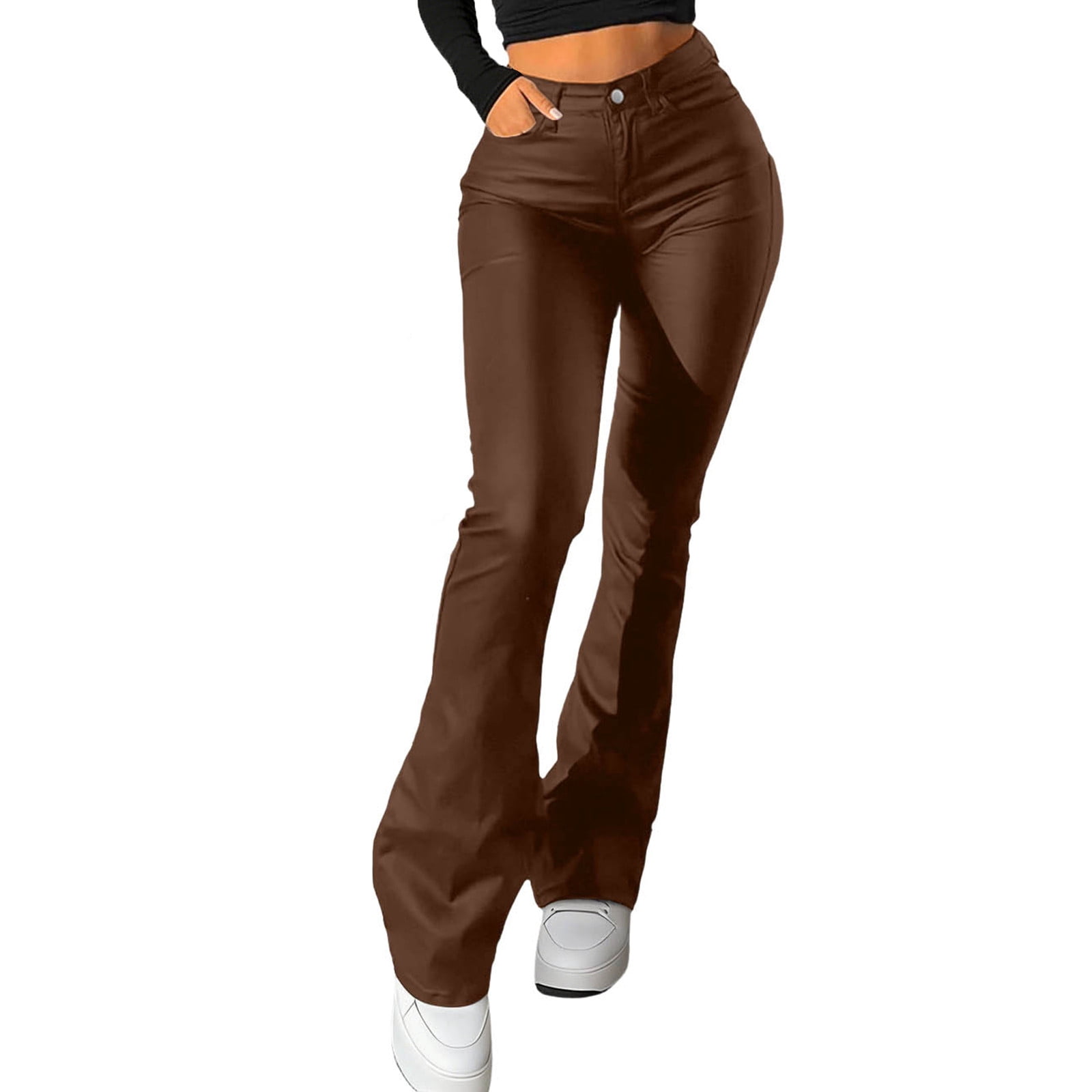 QUNYINEY Faux Leather Compression Leggings for Women Brown Casual Tummy Control Jegging with Pockets Skinny Flare Leggings
