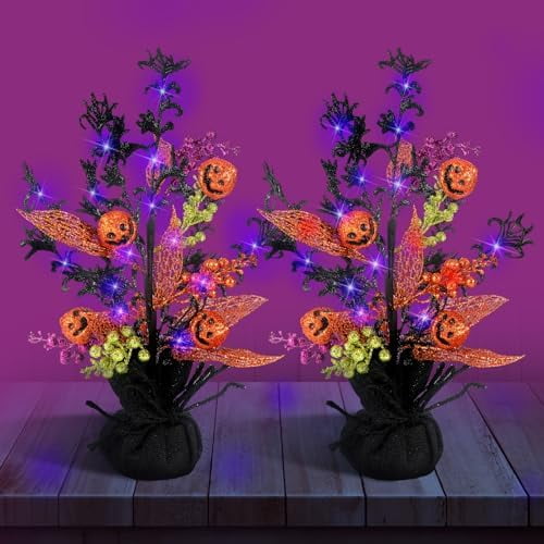 2 Pcs Halloween Decorations Indoor 18 Inch LED Purple Lighted Trees with Pumpkin Bats Decor Battery Powered Lighted Halloween Trees for Indoor Home Tabletop Desk Decor(Lovely)