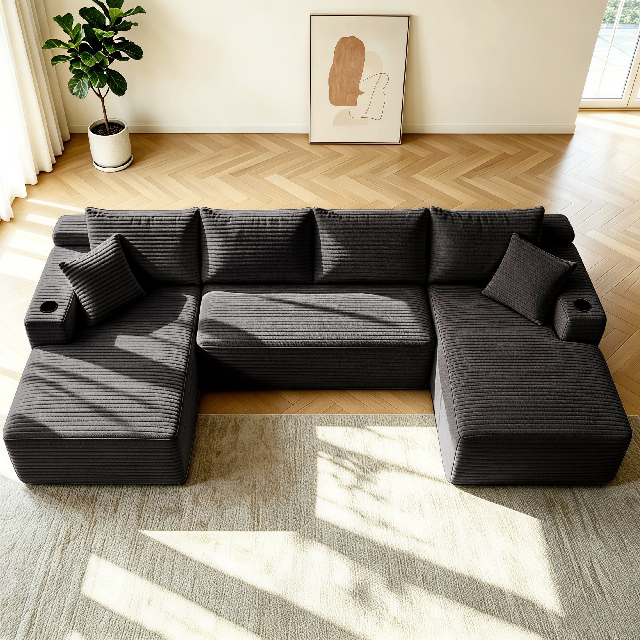 ShiKeyi 134" Modular U-Shaped Cloud Sofa, 5-Seater Corduroy Sectional Couch with Deep Seats Double Chaise & Soft Boneless Design, Gray