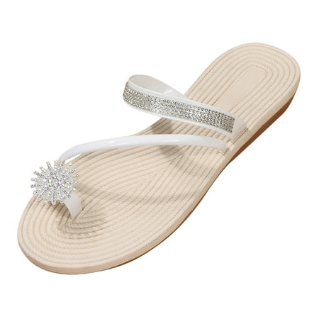 

ZIZOCWA Women Clip Toe Sandals Solid Color Rhinestone Flower Beach Flat Flip Flops Female Korean Fashion Pu Leather Sandals Sandalias White Size7