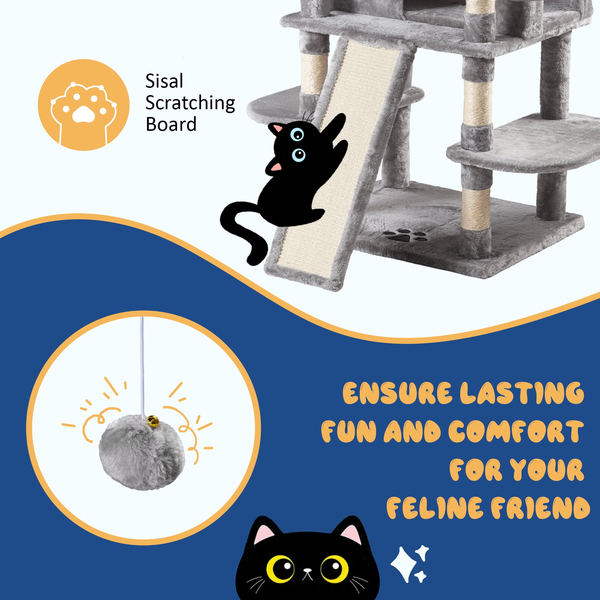 Allewie 68" Multi-Level Large Cat Tree and Tower with Cat Condo House, Scratching Posts & Board, Gray