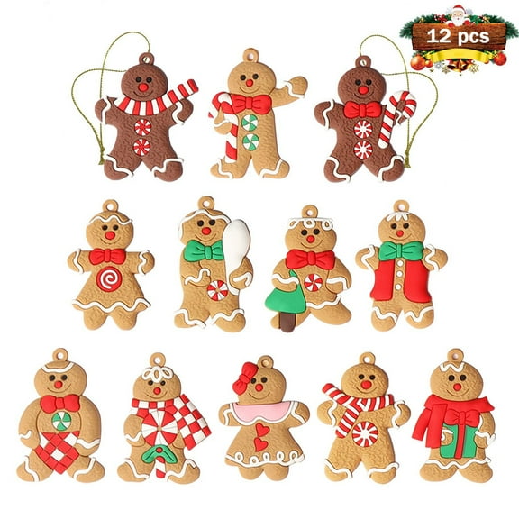 12pcs Gingerbread Man Ornaments for Christmas Tree Assorted Plastic Gingerbread Figurines Ornaments for Christmas Tree Hanging Decorations 3 Inch Tall