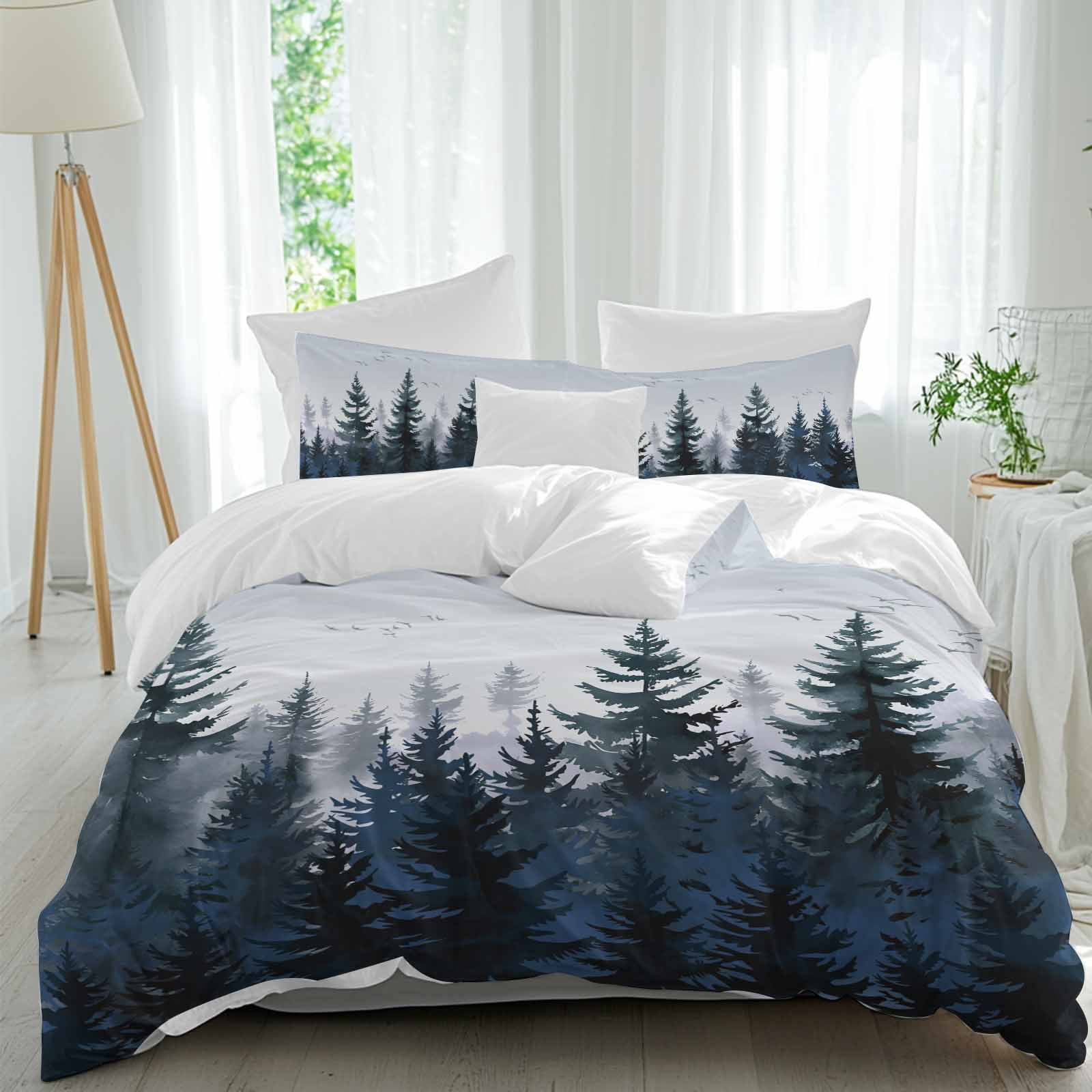 Forest Bedding 3 Piece Duvet Cover Set Queen Size, Dark Blue Fall Bird Vintage Farmhouse Tree Soft Microfiber Comforter Cover with Zipper Closure & Pillowcases, Wrinkle & FadeResistant Quilt Cover