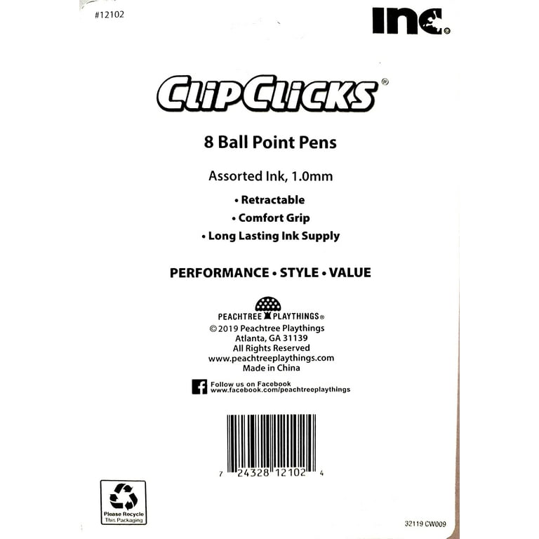 Inc Clip Clicks 8pk Ball Point Pens Colored Ink 1mm Comfort Grip- 4 Color  (x2)