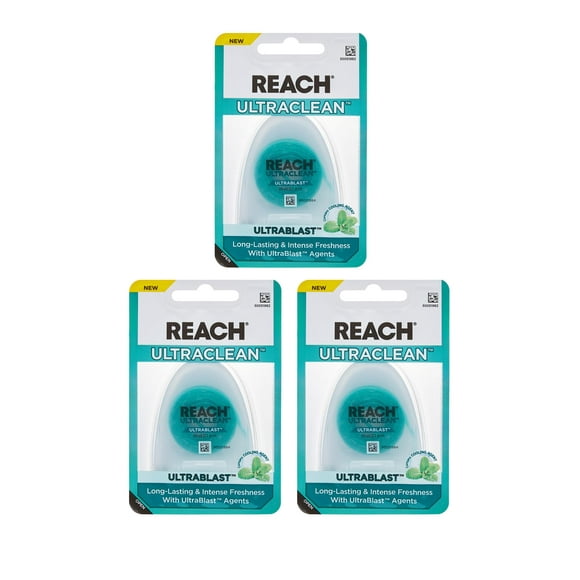 REACH® ULTRACLEAN ULTRABLAST Cool Mint Dental Floss, Shred Resistant, Waxed, Easy on Gums, Fresh Breath, PFAS Free, for Adults & Kids, 3 PK, 25 YD