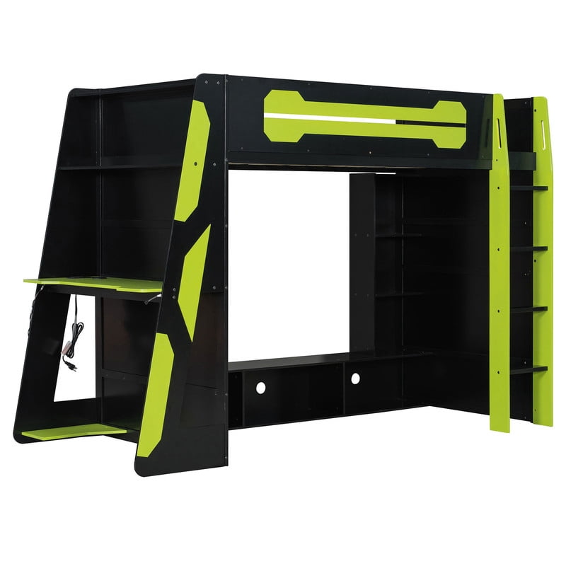 Twin Size Gaming Loft Bed with Desk and RGB LED Light, Wooden Loft Bed Frame with Workstation and Storage Shelves for Bedroom, Dorm Room