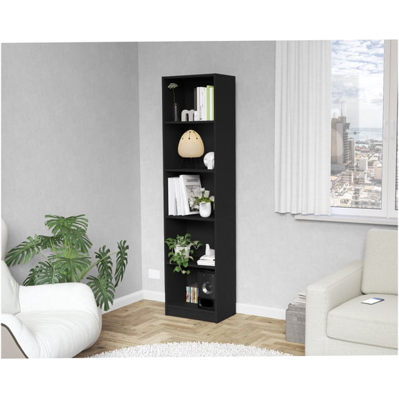 Slim 5 Shelf Bookcase, Modern Black Storage Shelving Unit for Living Room, Home Office