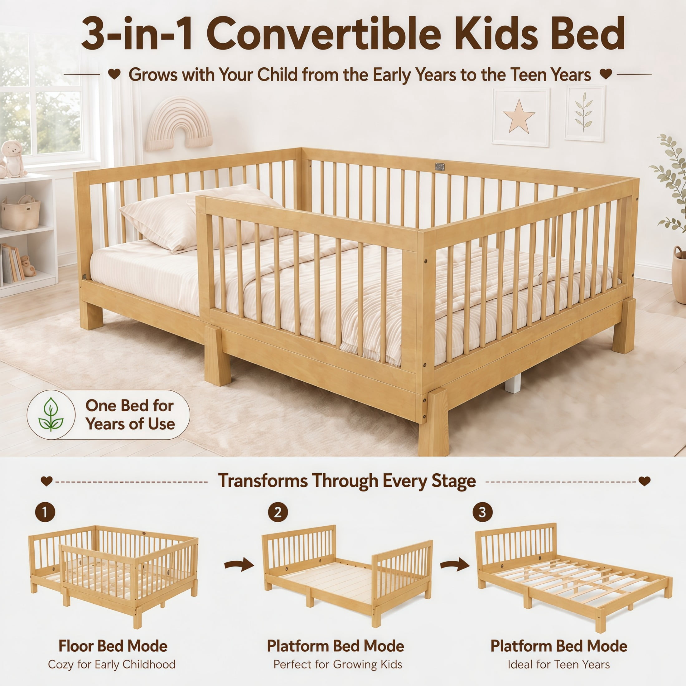 GDF Studio Rolley Full-Size 3-in-1 Convertible Montessori Floor Bed with Guardrails, Pine Wood Kids Bed Frame, Natural
