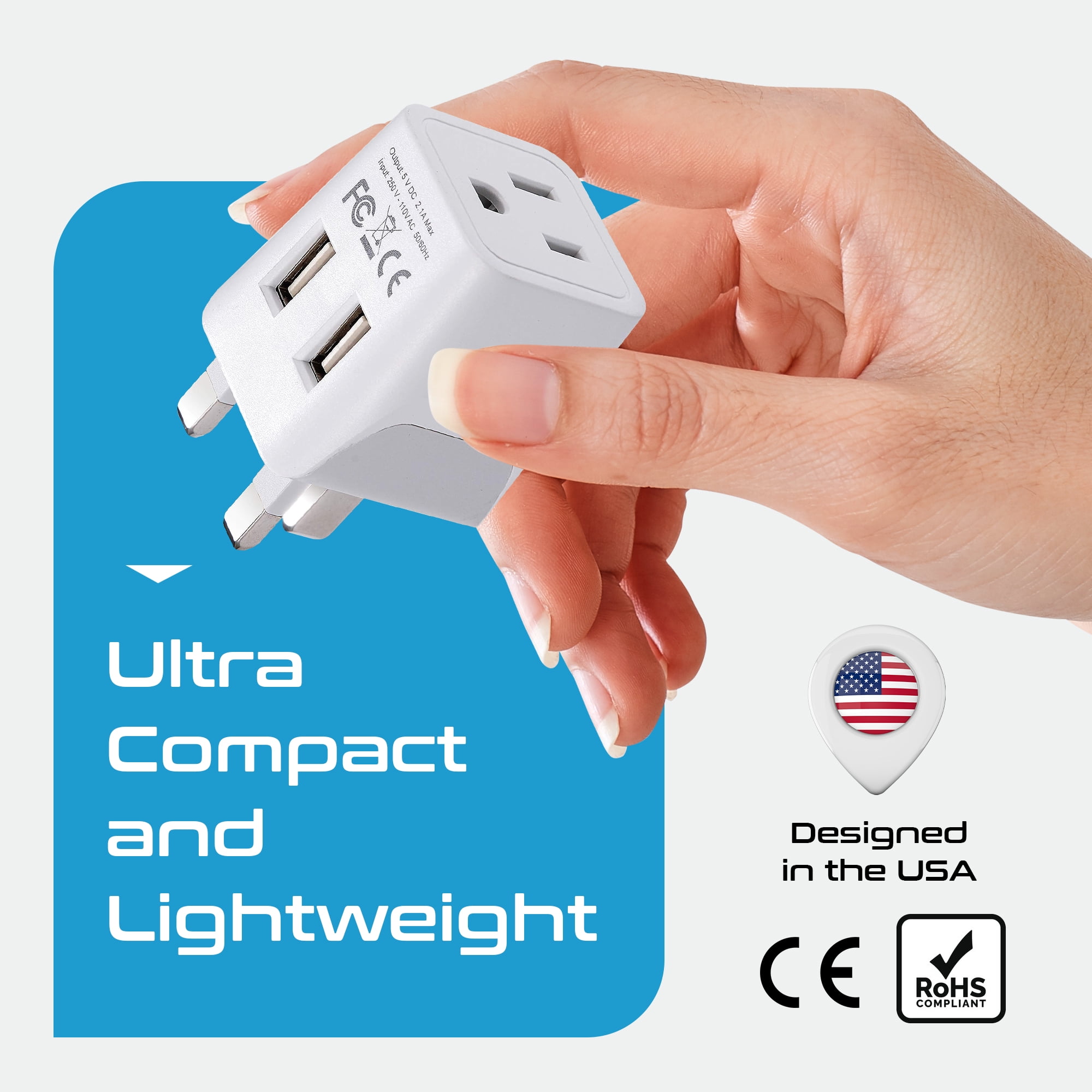 Ceptics CTU-7 UK, Dubai, Ireland Travel Adapter Plug - Type G - Dual USB Devices