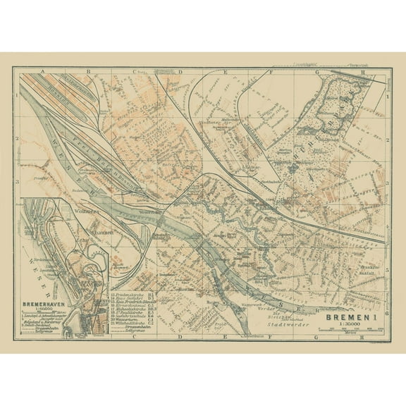 Historic Map - Bremen Bremerhaven Germany - Baedeker 1914 - 30.93 x 23 - Vintage Wall Art