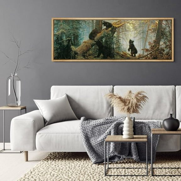 IDEA4WALL Extra Large Framed Canvas Print Wall Art Bears in the Pine Forest Artwork Nature Wilderness Antique Retro Fine Art Decorative Relax/Calm for Home Decoration - 60"x20"